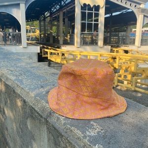 Custom made bucket hat, lightweight, bright pink and gold summer colors.